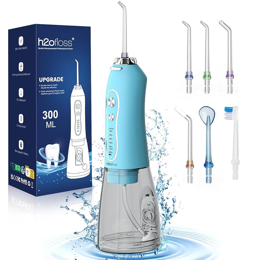 Water Dental Flosser Teeth Cleaner Pick, H2ofloss Cordless Portable Oral Irrigator,5 Mode IPX7 Waterproof Teeth Picks 300ML Rechargeable WaterFlosser for Teeth Cleaning Sky Blue 