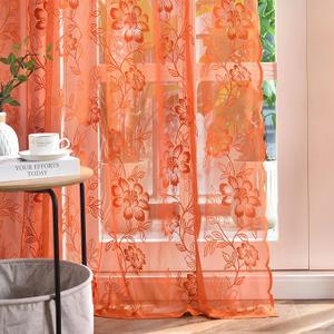 FINECITY Vintage Lace Curtains 96 Inch Length, Country Rustic Floral Leaf Design Sheer Lace Curtains 2 Panels, Rod Pocket Privacy Sheer Window Lace Curtains, 52 x 96 Inch, Burnt Orange