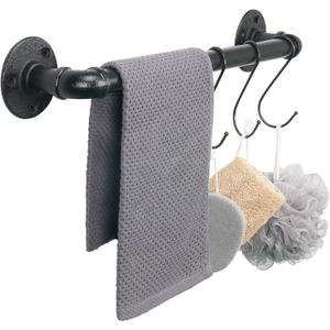 Industrial Pipe Towel Rack Towel Bar, Heavy Duty Wall Mounted Rustic Farmhouse Bath Towel Holder for Bathroom (Black, 16 inch)