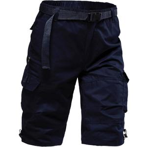 Mylldey Men's Cargo Shorts 3/4 Relaxed Fit Mens Running Shorts 7 Pockets Elastic Waist Cotton Hiking Shorts (Blue), 4XL