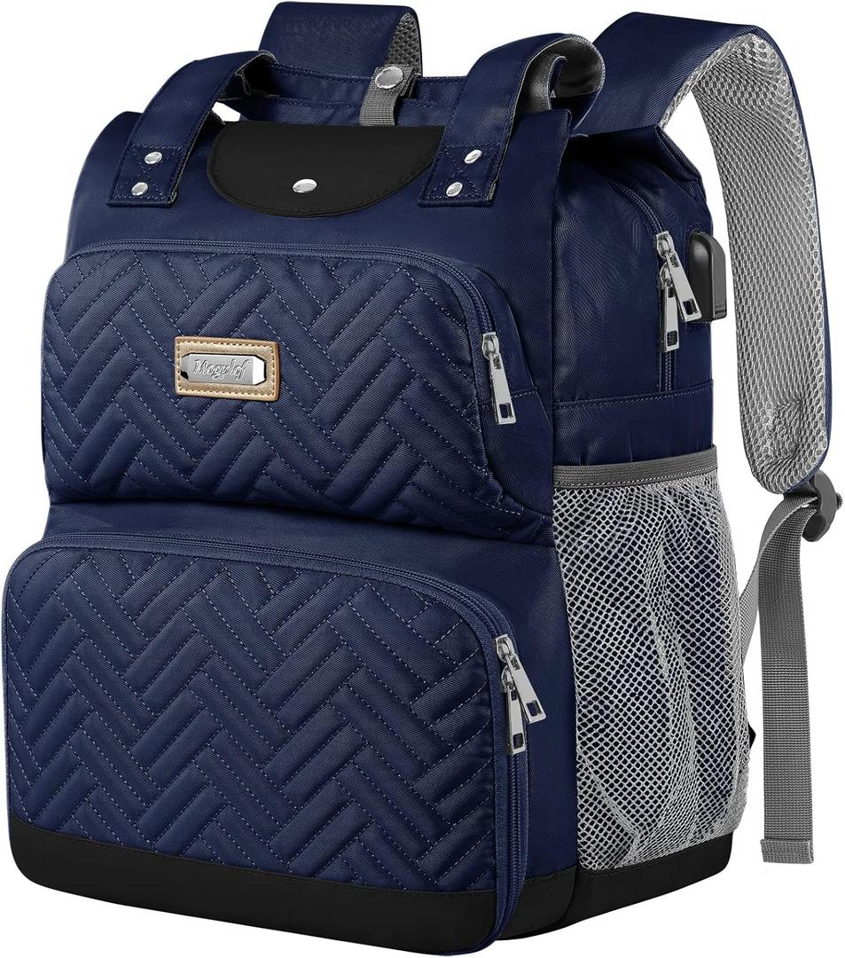 Mogplof Women Lunch Backpack, 15.6 Inch Laptop Backpack with USB Port RFID Pockets, Water-resistant College Insulated Cooler Backpacks Business Travel Work Leakproof Lunch Box Backpack for Work (Blue)