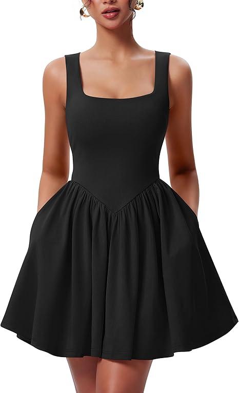 YMDUCH Women's Summer Sleeveless Square Neck A-line Ruffle Hem Mini Tank Dress with Pockets, Size XL