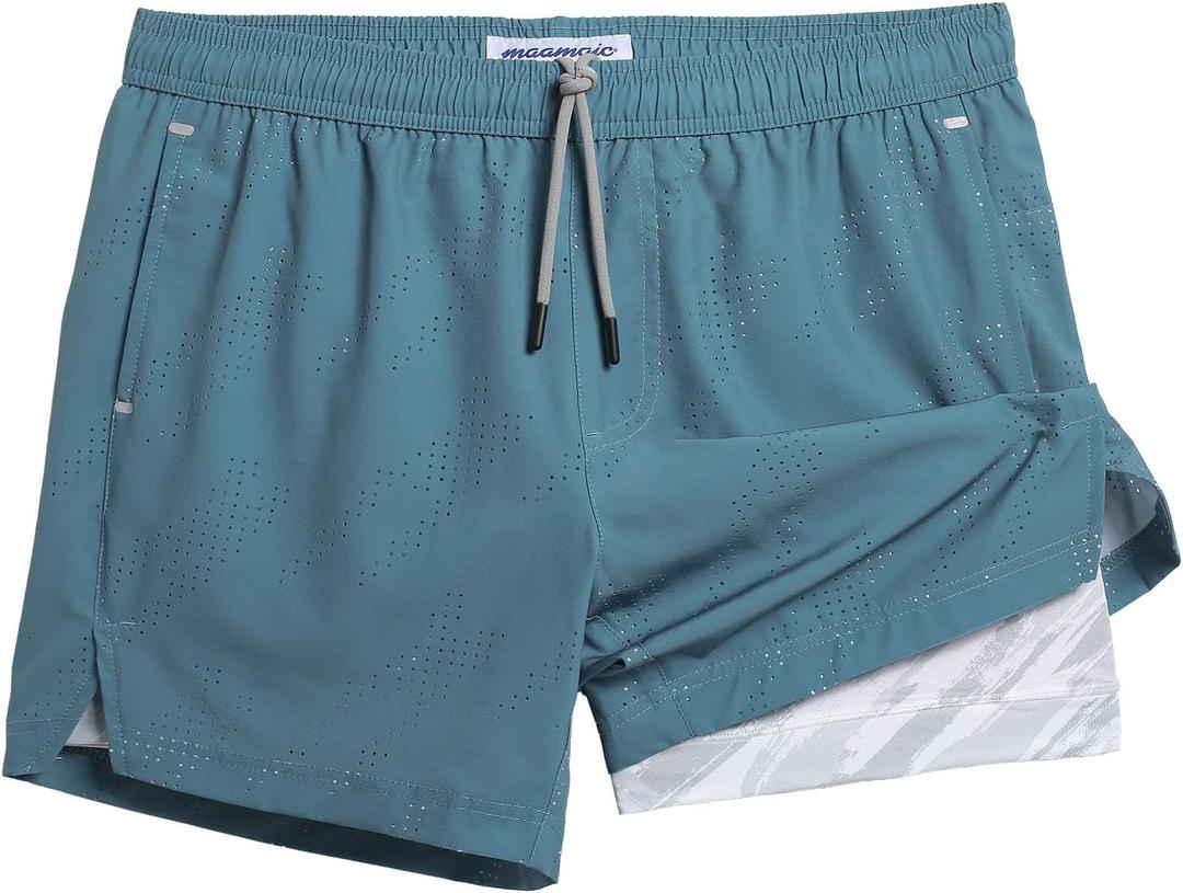 maamgic Mens Running Shorts with Compression Liner 5" Quick Dry Workout Gym Shorts Anti-Chafe 2 in 1 Athletic Shorts (Medium, Haze Blue)