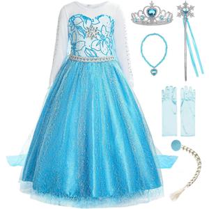 ReliBeauty Little Girls Snow Princess Fancy Dress Queen Costume, Blue (4 (110), Blue(with Accessories))