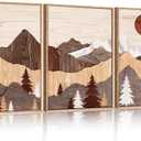 HLNIUC Boho Woodcut Style Mountain Framed Wall Art Set, Modern Sun Pine Tree Canvas Wall Decor, Rustic Forest Wall Painting, Nature Wilderness Art Print for Living Room, Bedroom, Office - 16"x24"x3