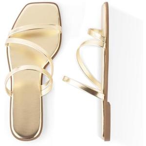 LACUONE Strappy Flat Sandals For Women Slip On Square Open Toe Slides Sandals, Size 8