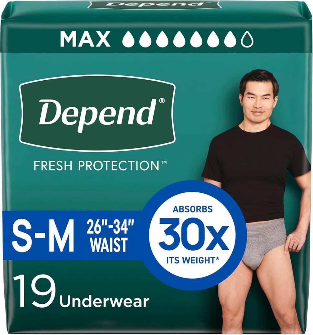 Depend Fresh Protection Adult Diapers, Incontinence Underwear for Men, Disposable, Maximum, Small/Medium, Grey, 19 Count
