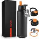 Milton 40 Oz Insulated Water Bottle With Leakproof 4 Lids, Stainless Steel Double Walled Vacuum Insulated Thermos, 12 Hour Hot, 24 Hrs Cold, Metal Travel Thermal Mug for Sports, Gym, Flassio, Black