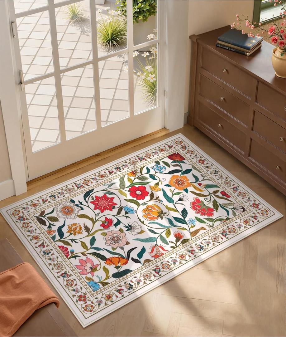 Collive 2 x 3 Entryway Rug, Washable Spring Floral Kitchen Rugs Soft Low Pile Small Throw Carpet for Bedroom Non Slip, Modern Vintage Indoor Door Mats for Entrance, Nursery, Home Decor (Colorful)