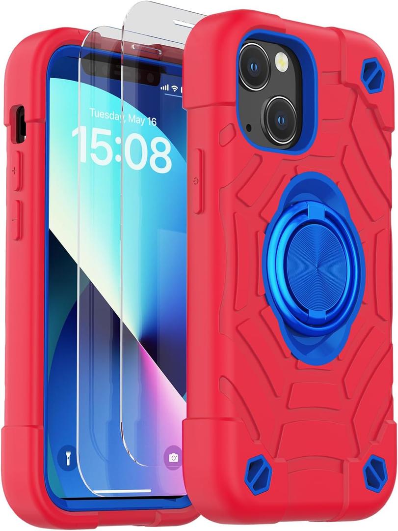 KCJ Compatible with iPhone 14 Case & iPhone 13 Case with [2 x Screen Protectors+1xCamera Lens Protector] Military Grade Drop Protection Case for iPhone 14/iPhone 13 6.1" (Red+Blue)