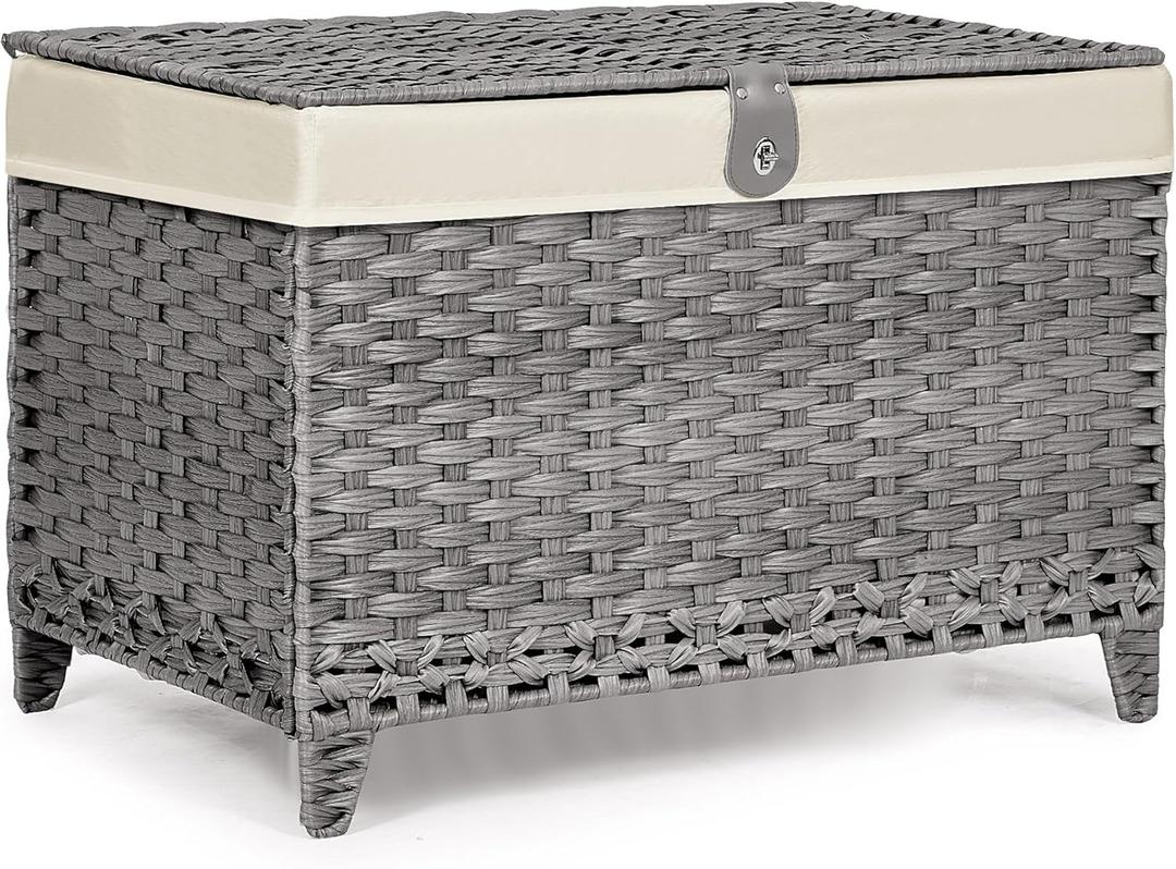Honjourai Wicker Storage Basket with Lid,Rattan Shelf Basket with Removable Liner Bag,200L Storage Bin,Storage Trunk with Heightened Feet,Storage Container for Wardrobe,Home Organizer (Grey)
