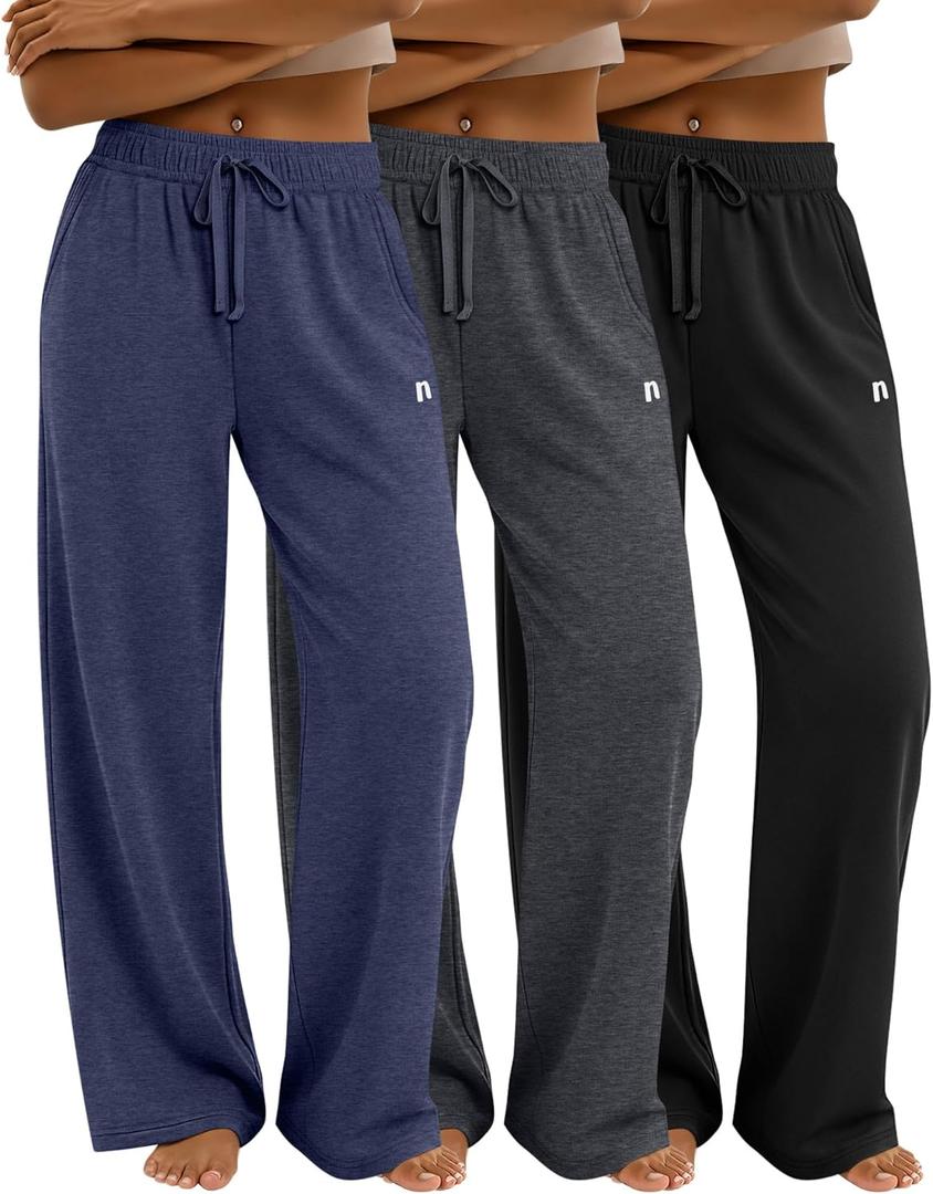 Neer 3 Pack Women's Yoga Pants Loose Casual Wide Leg Sweatpants High Waist Lounge Drawstring Stretch Pants with Pockets, Large