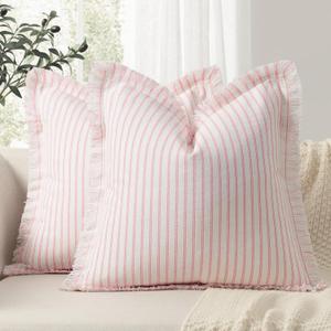 ZWJD Throw Pillow Covers 18x18 Set of 2 Striped Pillow Covers with Fringe Chic Cotton Decorative Pillows Square Cushion Covers for Sofa Couch Bed Living Room Farmhouse Decor (Pink)