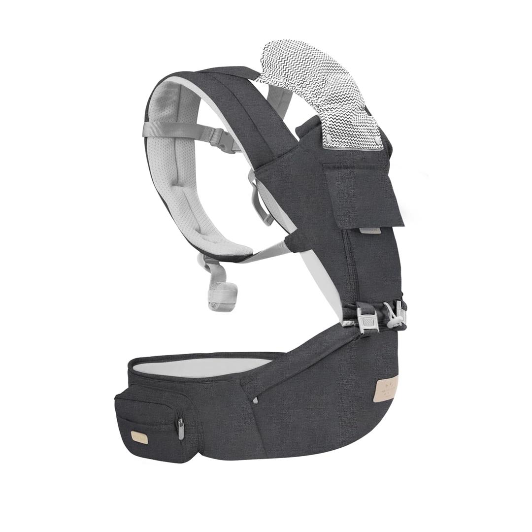FRUITEAM - Safety-Certified Baby Carrier with Hip Seat - All Position Baby Chest Carrier - Front and Back Carry Baby Carrier Nerborn to Toddler with Head Hood, Misty Grey
