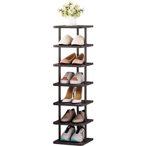 SORCEDAS 7 Tiers Vertical Shoe Rack Wooden Shoe Storage Organizer for Space Saving Narrow Shoe Shelf Storage 7 Pairs for Entryway Living Room Bedroom(Black + Rustic Dark Brown)