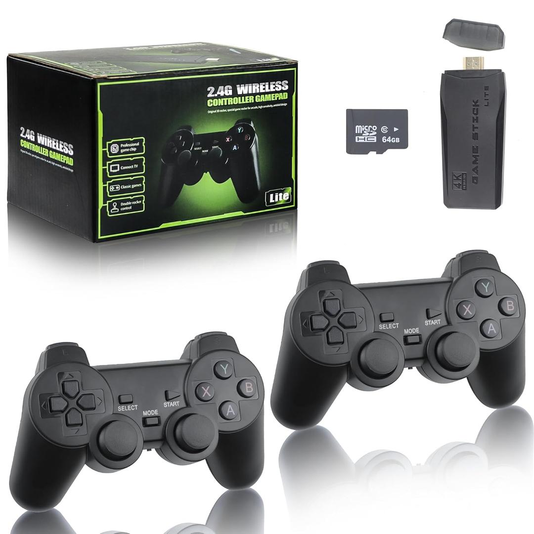 PGYFDAL Upgrade Wireless Retro Game Console Stick Built in 20000+ Games with 18 Emulators, 4K HDMI Output Nostalgia Plug & Play Retro Gaming Stick with Dual 2.4G Wireless Controllers64GB
