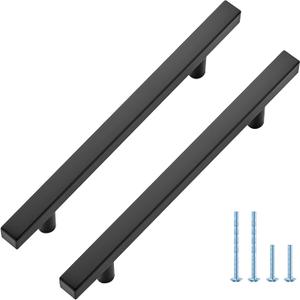 5 Pack Matte Black Cabinet Handles with 5 Inch (128 mm) Hole Center, Square Kitchen Hardware for Cabinets & Drawers, Stainless Steel Pulls, 7-3/8 Inch Overall Length