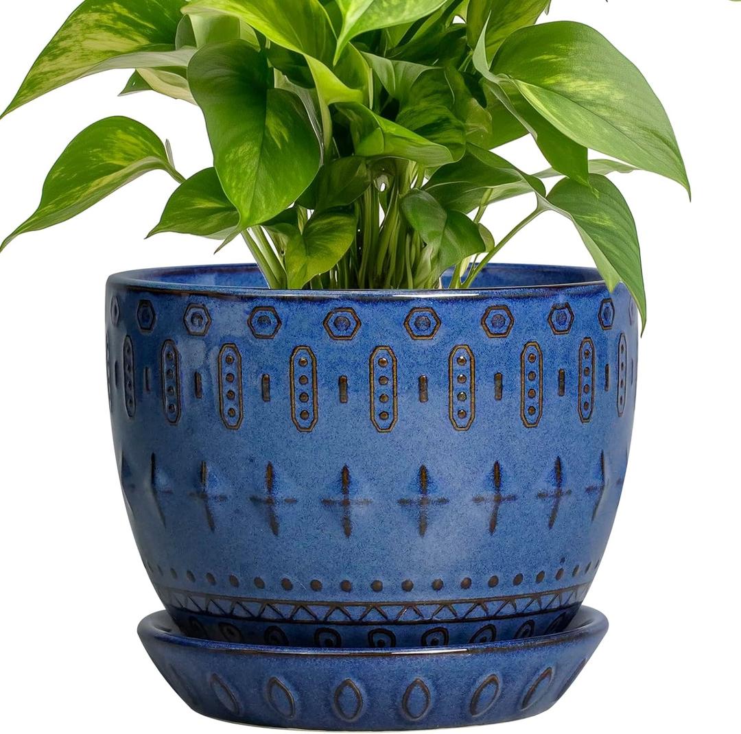 G EPGardening Plant Pot 5 Inch  Ceramic Planter for Indoor Plants Outdoor, Succulent Orchid Pot with Drainage Hole and Saucer, Round Flower Pot for Home Decor, Blue