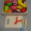 Wooden Play Food for Toddlers - 34Pcs Velcro Fruit and Veggies with Basket & Chopping Board, Play Food Sets for Kids Kitchen Accessories, Cutting Fruit Set for Ages 3+