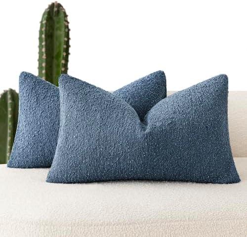 Foindtower Pack of 2 Textured Boucle Throw Pillow Covers Accent Solid Decorative Lumbar Pillow Cases Cozy Couch Cushion Case for Chair Sofa Bedroom Living Room Home Decor 12x20 Inch Dark Blue