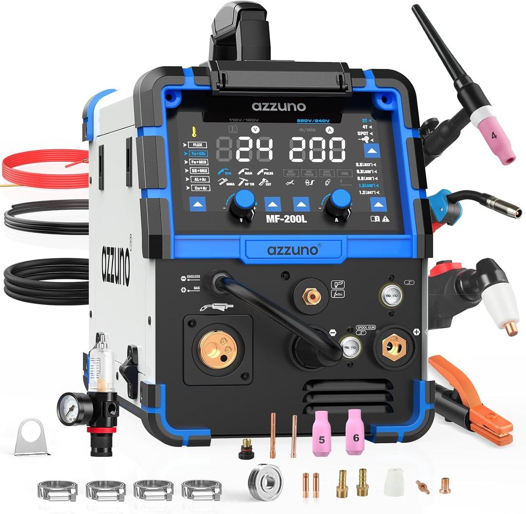 AZZUNO 200A Plasma Cutter Welder Combo, 9 in 1 Multiprocess Welder Machine Gas MIG/PULSE MIG/MAG/Flux Gasless MIG/Spool Gun Compatible/HF TIG/Stick/CUT/SPOT MIG, 110/220V Aluminum MIG Welding Machine