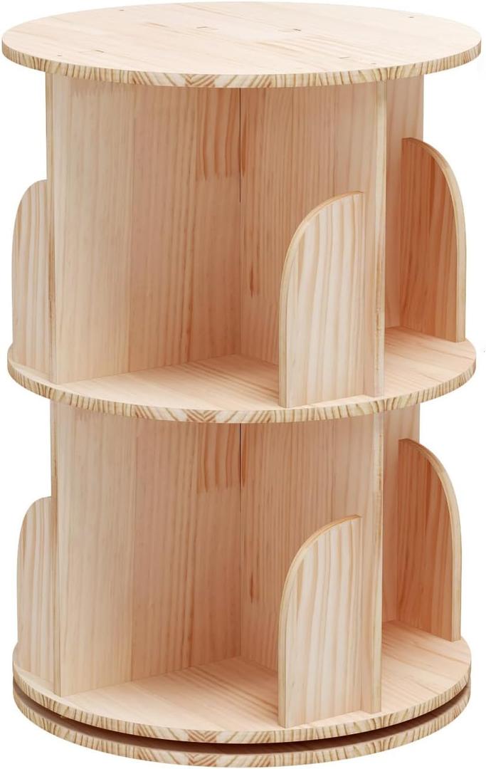 Bear Qiaqia Rotating Bookshelf, 360 Display 2 Tier Floor Standing Bookcase Storage Rack for Kids&Adult, Wood Narrow Book Shelf Organizer for Bedroom, Living Room, Study Room, 26.7 Inches X 17.7 Inches