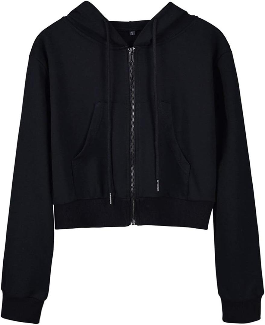 Yimoon Zip Up Hoodie Women Cropped Casual Sweatshirts Workout Long Sleeve Drawstring Hooded Jacket Crop Tops