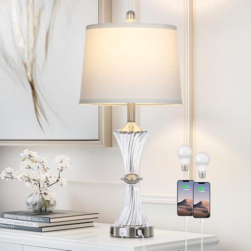 Rinweey Crystal Glass Table Lamp with USB C+A Ports & AC Outlet, White Clear Modern Bedroom Lamp,Silver Lamp for Living Room, Nightstand Lamp LED Bulbs Included, Single Silver