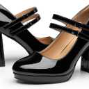 Trary Platform Mary Jane Shoes Womens Heels, Chunky Heels Mary Janes Dress Shoes for Women Close Round Toe Pumps Shoes with Buckle Strap for Office Party Casual Wedding (10, PatentBlack)