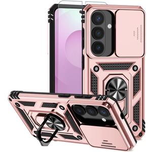 for Samsung Galaxy S26 Plus Case, Bumper Hard Plastic Phone Case with [Sliding Camera Lens Cover] [360 Rotatable Kickstand Ring] [HD Screen Protector] for Samsung Galaxy S26+ Plus Rose Gold