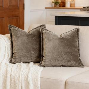 Luxurious Velvet Throw Pillow Covers 20x20 Set of 2 Decorative Pillow Covers Solid Square Cushion Case for Sofa Couch Bedroom Farmhouse, Brown