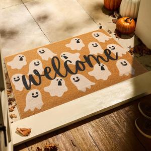 Halloween Door Mat Spooky Ghost Welcome Mat for Front Door Outdoor Entrance Doormat Coir Dirt Trapper with Non Slip Backing, 17x30, Welcome Ghost
