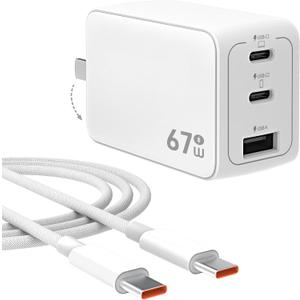 67W USB C Charger, GaN PPS 3-Port Fast Compact Foldable USB C Charger Block for MacBook, iPad Pro, Galaxy S24, iPhone 16/15 and More