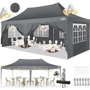 COBIZI 10x20 Pop Up Canopy with 6 Sidewalls,10x20 Canopy Tent Frame Upgraded with 3 Adjustable Heights,Waterproof UV50+ Outdoor Party Commercial Ez Up Gazebos with Carry Bag(10 x 20 ft Gray)