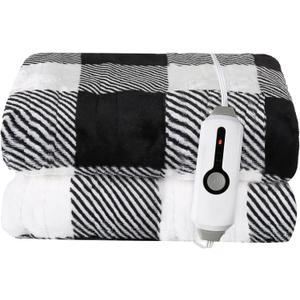 Electric Heated Blanket Throw Size - 50"x60", Soft Flannel Heating Blanket, 4 Heating Levels, 3 H Auto Shut Off, Breathable Warm and Washable for Sofa, Black - White Plaid