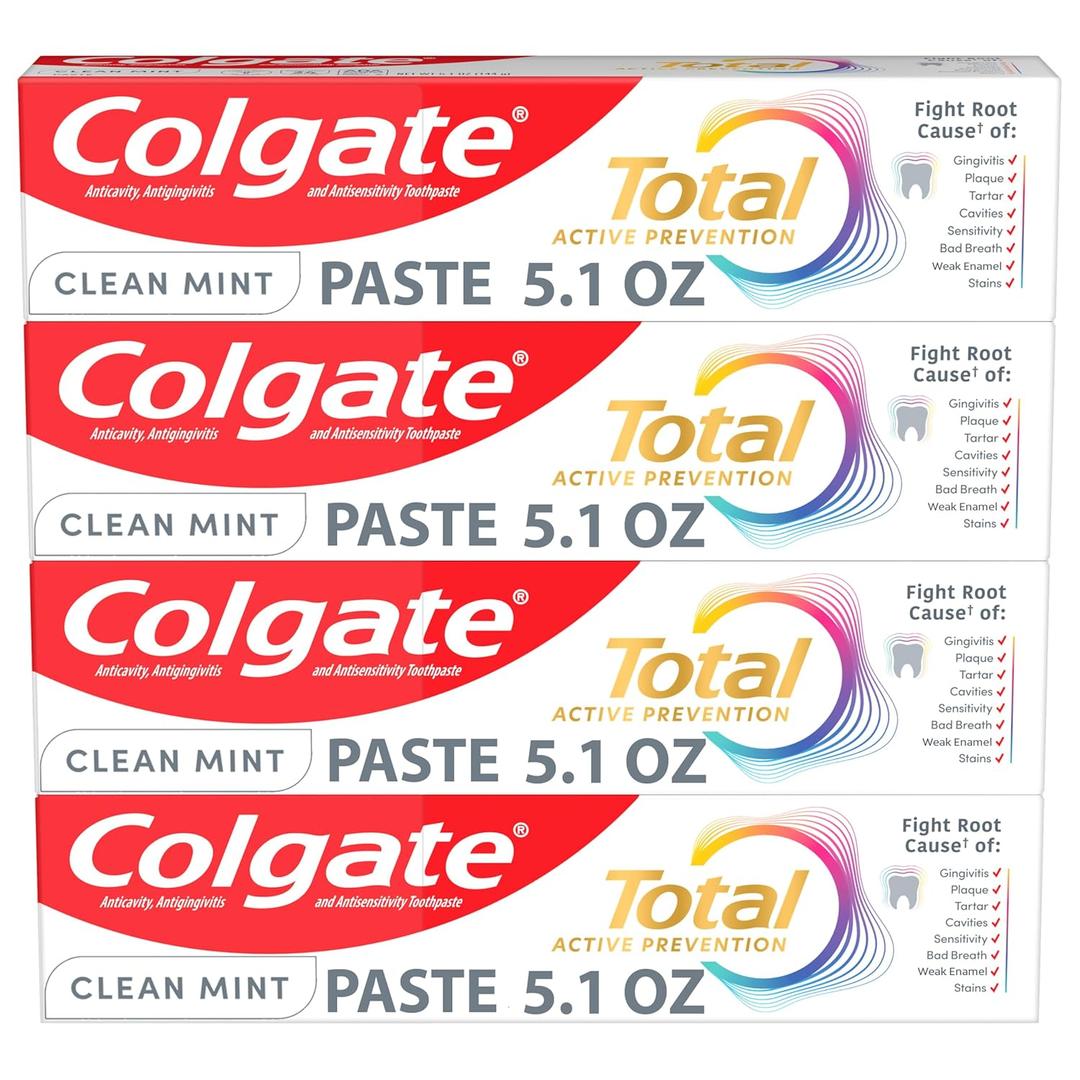 4 x Colgate Total Active Prevention Clean Mint Toothpaste, Anticavity Fluoride Toothpaste, Clinically Proven Formula That Fights Plaque Bacteria, Mint, 4 Pack, 5.1 oz