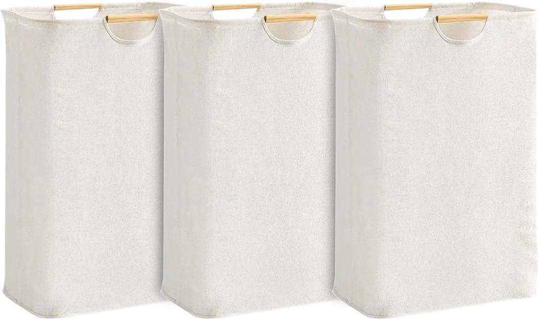 3-Pack 65L Collapsible Laundry Basket with Wooden Handles, Ideal for Tidying Clothes, Blankets and Toys,Laundry Hamper Perfect for Bedroom, Bathroom, and Living Room Organization (Solid Color Set)