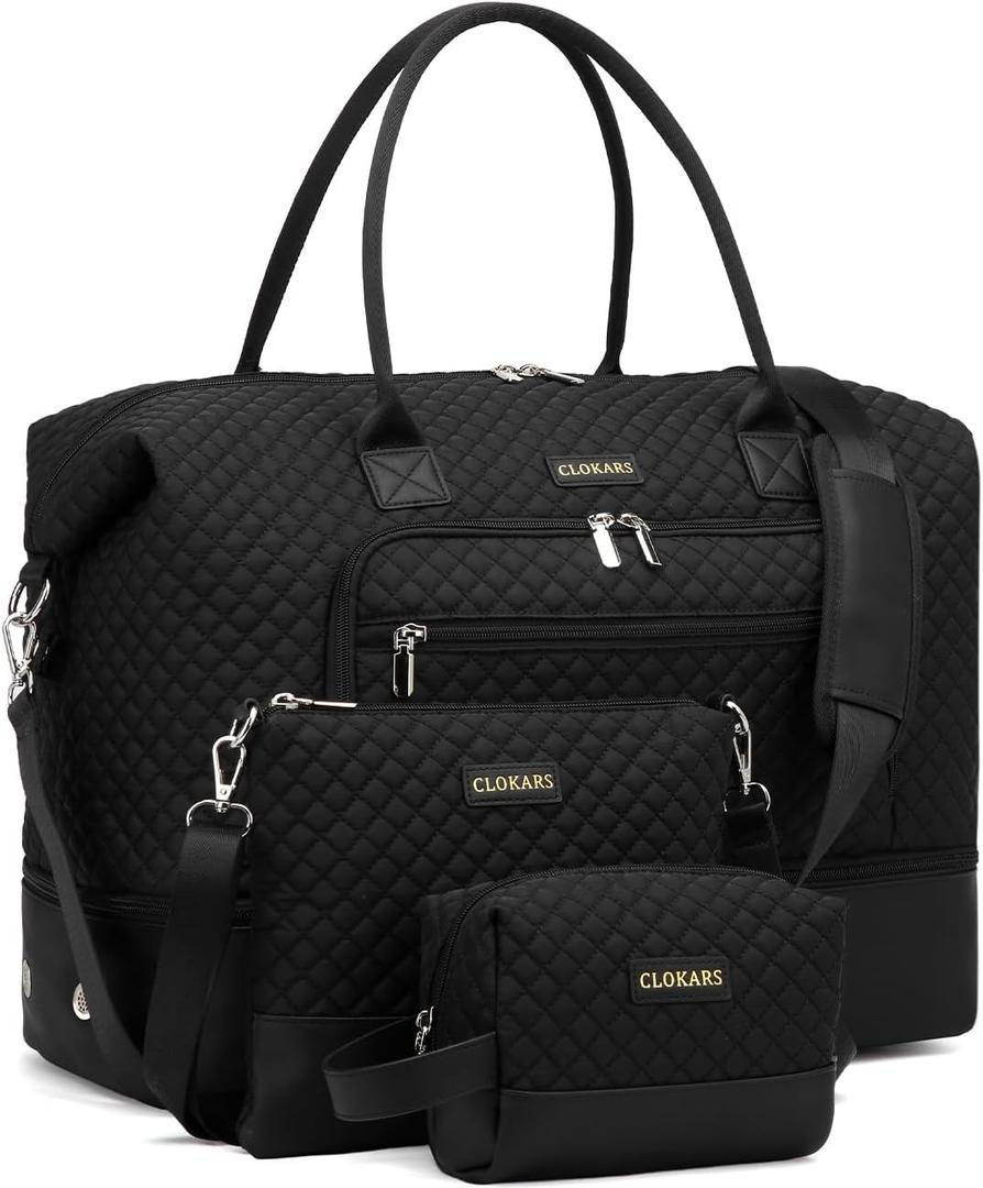 Weekender Bags for Women, Travel Duffle Bag Carry On Overnight Bag with Cosmetics Bag and Crossbody Purse for Gym Hospital, Gifts for Women, Black (Medium)