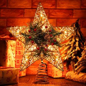 BrizLabs Christmas Tree Topper, 11 Rattan Star Treetop with 10 Warm Lights, 120V UL Certified Christmas Tree-top Star, Vine Christmas Tree Star Topper for Christmas Indoor Party Home Decor
