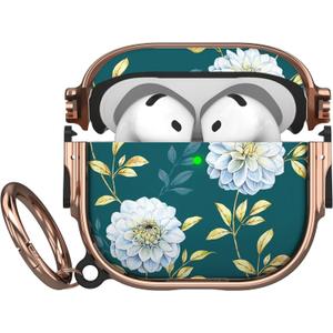Maxjoy for AirPods 4 Case with Lock, Cute AirPods 4 Case Lock Protective Hard AirPod 4 Generation Cover for Women Girly with Keychain Clip for AirPod 4th Generation Cover 2024, Floral (Green + White)