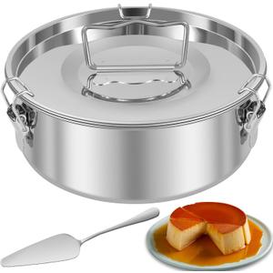 Stainless Steel Flan Mold with Lid and Handle - 1.5QT Capacity Round Baking Pan for Cheesecake, Cupcake, Pudding