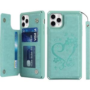iCoverCase Compatible with iPhone 11 Pro Max Wallet Phone Case with Card Holder for Women, RFID Blocking Embossed PU Leather Wrist Strap Case for 11pro Max 6.5 Inch (Heart Mint)