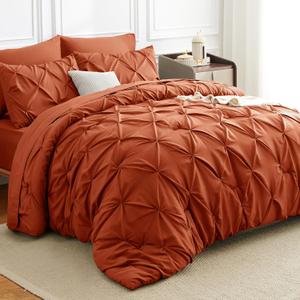 Pintuck Bed in a Bag, 7 Pieces King Size Comforter Set Burnt Orange, Pinch Pleat Bed in a Bag, Soft All Season Bedding Sets with Comforter, Flat Sheet, Fitted Sheet and Pillowcases & Shams