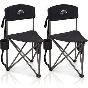 2 Pack Folding Camping Tripod Stool with Backrest & Cup Holder, Lightweight Portable Outdoor Chairs for Adults, Compact 3-Leg Seat for Fishing, Hunting, Hiking & Travel w/Bag - Black, Medium