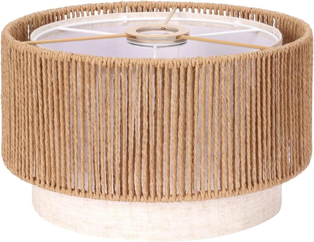 Boho Rattan Lamp Shade, 11.8" Top x 11.8" Bottom x 6.3" High, Natural Rattan & Linen Double Layer Lamp Shades for Floor Lamps Table Lamps Chandelier, UNO Fitter Lampshade Replacement, Easy Assembly