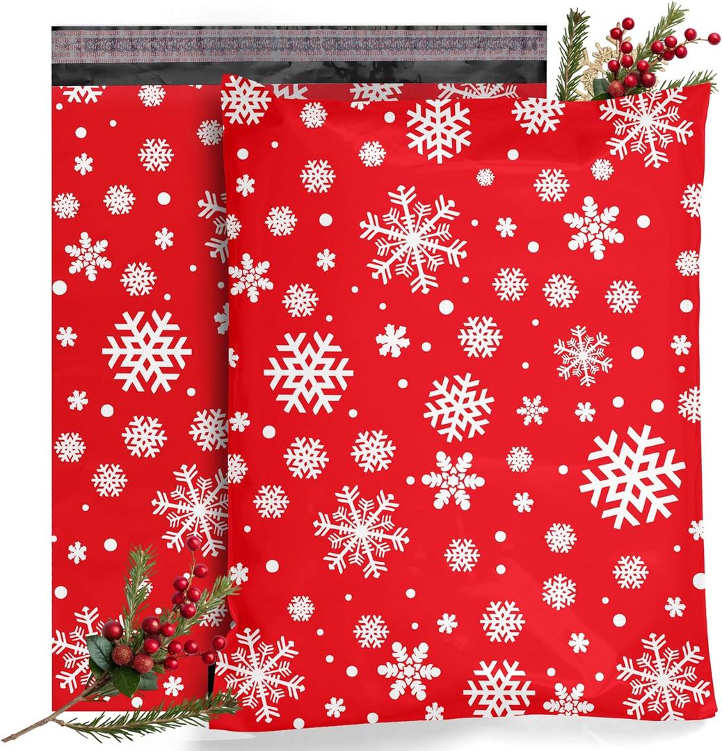 Shop4Mailers Christmas Poly Mailers 10x13 Inch  100 Pack Snowflake Waterproof Shipping Bags for Small Business, 2 Mil Self-Seal Mailing Envelopes, Durable Red Poly Mailers for Holiday Packaging