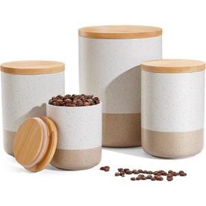 Yangbaga Canisters Sets for Kitchen Countertop-Set of 4 Ceramic Kitchen Canisters Food Storage Jar with Airtight Wood Lids & Spoons & Label,Large Flour and Sugar Containers for Serving Ground Coffee