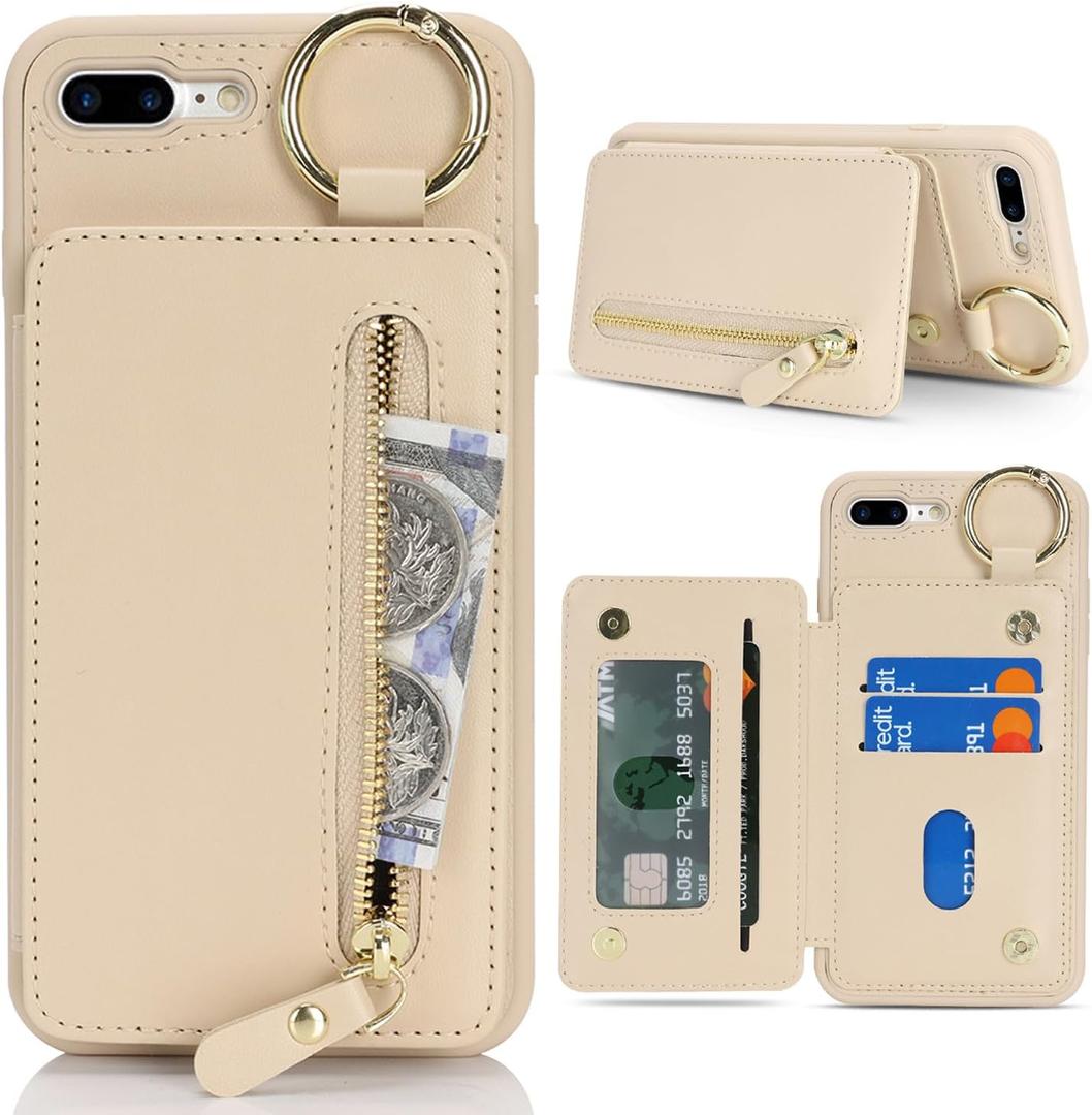 Case for iPhone 8 Plus & iPhone 7 Plus Case Wallet with Card Holder Keychain Ring Stand Leather Shockproof Phone case with Credit Card Slots Zipper Women Men-Beige