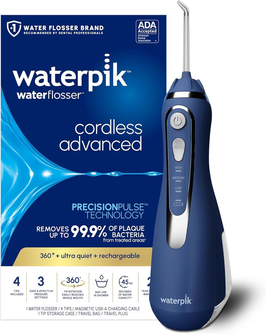 Waterpik Cordless Advanced 2.0 Water Flosser For Teeth, Gums, Braces, Dental Care With Travel Bag and 4 Tips, ADA Accepted, Rechargeable, Portable, and Waterproof, Blue WP-583