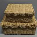 FairyHaus Scalloped Wicker Basket with Lid, Waterproof Wicker Storage Basket with Removable Tray Lid Cream, Handwoven Plactic Wicker Bakests for Nursery 2Pack, 15 x 11.22 x 7& 13 x 9.45 x 5.9